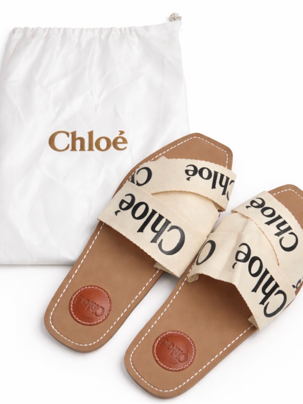 Chloé Tan Leather Slides with Cream Logo Canvas Straps